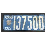 1915 Porcelain Pennsylvania License Plate.