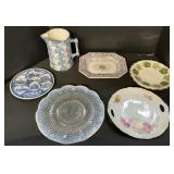 Spongeware Pitcher, Moonstone Hobnail Plate.