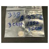 2 75% Silver 3 Cent Coins.