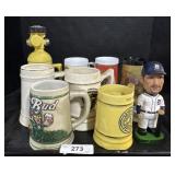 Lot Of Beer Steins & Bobble Head.