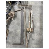 Primitive Two Man Saw, Mallet, Scythe & Hay Rake.