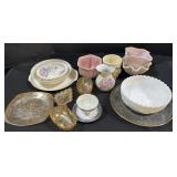 Milk Glass Bowl, Carnival Glass, Ceramic Planters.