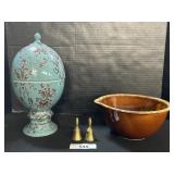 Floral Lidded Jar, Lip Redware Mixing Bowl