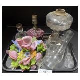 Vintage Glass Flower Bouquet, Oil Lamps.