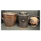 Glazed Redware Pottery Crocks & Jug.