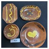 4 Lester Breininger Redware Yellow Slip Plates.