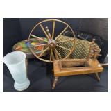 Hand Painted Stool, Glass Vase, Spinning Wheel.