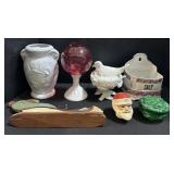 Fenton Vase, Milk Glass Bird Nest, Salt Box.