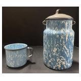 Blue & White Swirl Graniteware Milk Can & Mug.