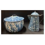Blue & White Swirl Graniteware Pot & Teapot.