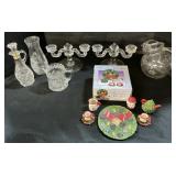 EAPG Glass Decanter, Miniature Christmas Tea Set.