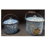 2 Blue Swirl Graniteware Berry Buckets W/ Lids.