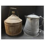 Wooden Wrapped Oil Canister & Graniteware TeaPot.