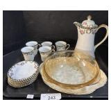 Porcelain Teapot & Teacups, Glass Bowl.