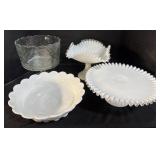 Milk Glass Bowls & Stand, Glass Trifle Bowl.