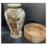 Satsuma Porcelain Vase & Redware Pottery Bowl.
