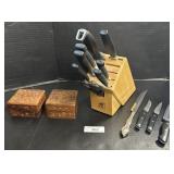 Hand Carved Inlayed Wooden Boxes, Knives.