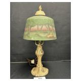Cast Metal Lamp W/ Reverse Painted Glass Shade.