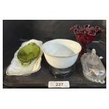 Butter Dish, Red Glass Dish, Floral Bowls.