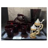 Steins & Ruby Red Barware Glasses & Base.