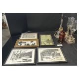 Vintage Framed Landscape Prints, 3 Table Lamps