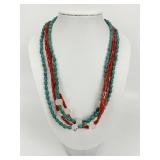 Native American Beaded Coral & Turquoise Necklace.