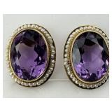 14KT Gold Large Oval Cut Amethyst Pearl Earrings.