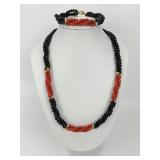 2pc 14 KT Gold Twisted Onyx and Coral Jewelry Set.