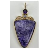 Handcrafted Charoite, Diamond, & Amethyst Pendant.
