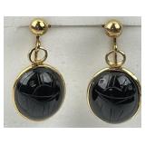 14KT Gold Onyx Scarab Drop Earrings.