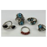 5 Sterling Silver Native American Gemstone Rings.