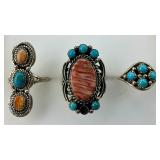 3 Sterling Native American Turquoise & Gem Rings.