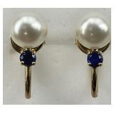 14KT Gold Pearl & Sapphire Earrings.