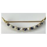 10KT Gold Sapphire & Pearl Crescent Pin.