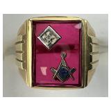 10KT Gold Ruby Glass & Diamond Masonic Ring.