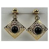 14KT Gold Filigree Onyx Drop Earrings.