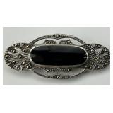 Sterling Silver Art Deco Onyx Brooch.