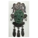 Sterling Silver Mayan Aztec Malachite Pin Pendant.