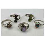 5 Sterling Silver Native American Gemstone Rings.