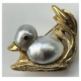 14KT Gold Baroque Pearl Bird Pin.