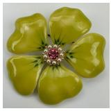 Yellow Enamel Pearl & Rhinestone Flower Brooch.