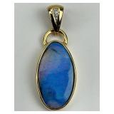 18KT Gold Blue Opal & Diamond Accent Pendant.