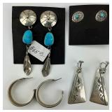 4 Pairs Silver & Gem Native American Earrings.