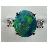 Platinum Black Opal &  Diamond Accent Ring.