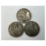 3 90% Silver 1871-S Seated Liberty Half Dollars.