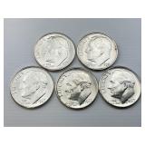 5 90% Silver High Grade 1957 Roosevelt Dimes.