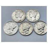 5 90% Silver 1941-1944 Mercury Dimes.
