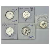 5 90% Silver High Grade 1964 Washington Quarters.