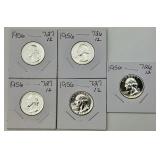 5 90% Silver High Grade 1956 Washington Quarters.