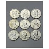 9 90% Silver 1961-1963 Franklin Half Dollars